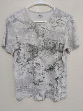 Tapemeasure M Gray Graphic Henley Tee Rhinestone Art Print Cotton Top